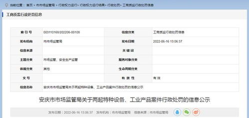 安徽省安慶市市場監管局公示兩起特種設備及工業產品案件行政處罰信息，強化市場安全監管